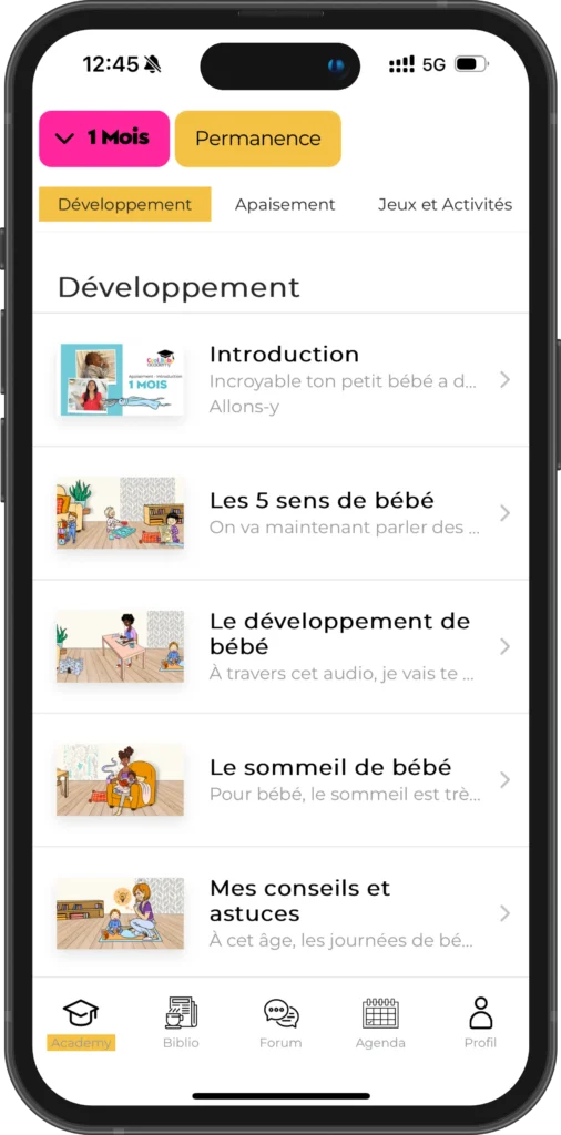 Écran de l’application Cool Baby Academy