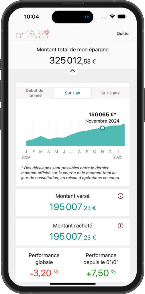 Écran de l’application de gestion de patrimoine Groupama